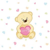 niedlicher lächelnder Teddybär verliebt in rosa Herz. Valentinstag Postkarte. vektor