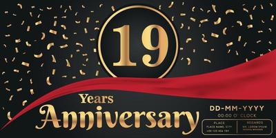 19:e år årsdag firande logotyp på mörk bakgrund med gyllene tal och gyllene abstrakt konfetti vektor design