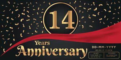 14 .. Jahre Jahrestag Feier Logo auf dunkel Hintergrund mit golden Zahlen und golden abstrakt Konfetti Vektor Design