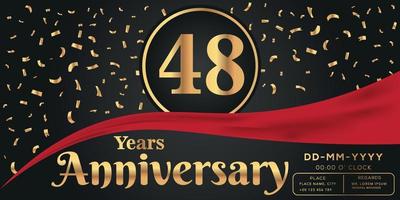 48 Jahre Jahrestag Feier Logo auf dunkel Hintergrund mit golden Zahlen und golden abstrakt Konfetti Vektor Design