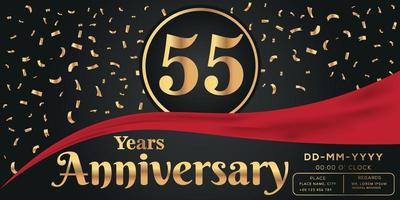 55 Jahre Jahrestag Feier Logo auf dunkel Hintergrund mit golden Zahlen und golden abstrakt Konfetti Vektor Design