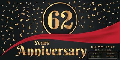 62: a år årsdag firande logotyp på mörk bakgrund med gyllene tal och gyllene abstrakt konfetti vektor design