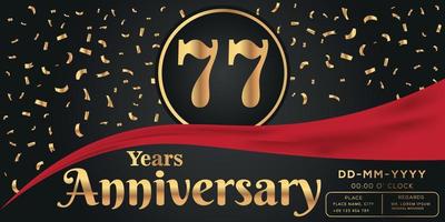 77: e år årsdag firande logotyp på mörk bakgrund med gyllene tal och gyllene abstrakt konfetti vektor design