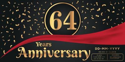 64: e år årsdag firande logotyp på mörk bakgrund med gyllene tal och gyllene abstrakt konfetti vektor design