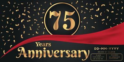 75:e år årsdag firande logotyp på mörk bakgrund med gyllene tal och gyllene abstrakt konfetti vektor design