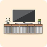 TV skåp och bok hylla med lampa, vektor illustration.
