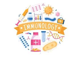 immunologi illustration med människor immun skydd systemet portion till skaffa sig befria av infektioner och skadlig bakterie i tecknad serie hand dragen mallar vektor