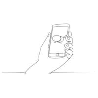 kontinuerlig linje ritning av händer som håller en modern mobiltelefon och tar emot meddelanden som är isolerade mot en vit bakgrund. . vektor illustration