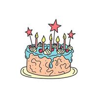 födelsedag kaka isolerat. vektor klotter hand dragen unge födelsedag paj. illustration av färgrik översikt kaka med fem ljus och grädde