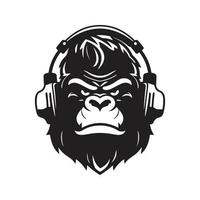 gorilla hörlurar maskot logotyp ,hand dragen illustration. lämplig för logotyp, tapet, baner, bakgrund, kort, bok illustration, t-shirt design, klistermärke, omslag, etc vektor