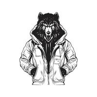 Werwolf mit Jacke und Haube, Vektor Konzept Digital Kunst ,Hand gezeichnet Illustration