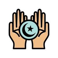 Illustration von beten Hände halten Halbmond und Star Symbole. islamisch Symbole können Sein benutzt zum das Monat von Ramadan, eid und eid al-adha. zum Logo, Webseite und Poster Entwürfe. isoliert Vektor. vektor