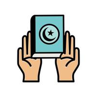 illustration av händer bön- och innehav al-Koranen. islamic ikoner kan vara Begagnade för de månad av ramadan, eid och eid al-adha. för logotyp, hemsida och affisch mönster. vektor