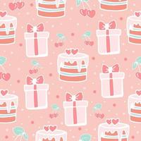 nahtloses Muster mit Kuchen und Geschenkboxen, süßes Mädchenmuster in Rosa, Kuchen und Geschenke, Vektordruck-Gekritzelstil. vektor