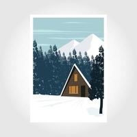 vektor vinter- tema mall med stuga i snöig berg skog. vinter- årgång affisch illustration design.