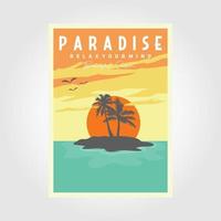 Paradies Sonnenuntergang Strand Poster, Palme Baum und Wasser Welle Vektor Design Illustration