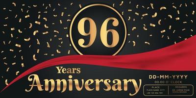 96: e år årsdag firande logotyp på mörk bakgrund med gyllene tal och gyllene abstrakt konfetti vektor design