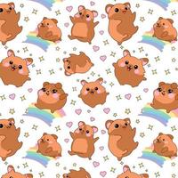 sömlös mönster med utrustning samling vektor illustration söt tecknad serie hamstrar söt chibi stil emoji karaktär klistermärke uttryckssymbol leende känsla maskot sömn regnbåge