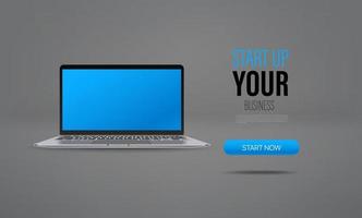 Starten Sie Ihre Business Promo-Zielseitenvorlage mit Laptop und Beispieltext. vektor