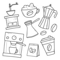 einstellen von Kaffee im Gekritzel Stil. linear Sammlung von Elemente zum Herstellung Kaffee. Vektor Illustration. Kaffee Zeit. Kaffee Schleifer, Hersteller, Maschine, Bohnen, Tasse.