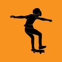 tonåring gör en hoppa på en skateboard. svart silhuett av en ung man med en skridsko på ett orange bakgrund. vektor illustration.