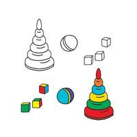 Kinder Spielzeuge Karikatur Vektor Symbole. hell Pyramide, Ball und Würfel auf ein Weiß Hintergrund. zum Ihre Design Gruß Karten, Bücher, Textilien und mehr.