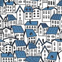 sömlös vektor mönster med tecknad serie hus i klotter stil. vit en historia hus med blå tak. grekisk stil. för vykort, tapet, omslag papper och textilier.