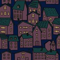 sömlös vektor mönster med tecknad serie vinröd hus i klotter stil. enplans hus med grön tak. natt stad. för vykort, tapet, omslag papper och textilier.