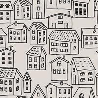 sömlös vektor mönster med olika tecknad serie hus i klotter stil. konturer av enplans hus på en beige bakgrund. för vykort, tapet, omslag papper och textilier.