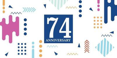 74 Jahre Jahrestag Feier Logo Weiß Zahlen Schriftart im Blau gestalten mit bunt abstrakt Design auf Weiß Hintergrund Vektor Illustration
