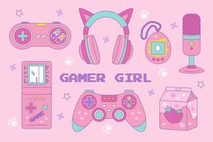 Spieler Mädchen einstellen von kawaii Stil Elemente. Jahrgang Rosa 90er Jahre Spiele. Vektor Illustration, Joystick, Tamagotchi, Kopfhörer, Gamepad