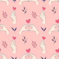 Herz Hand Zeichen nahtlos Muster, Liebe Hintergrund. Finger kawaii Liebe Symbol, Geste vektor