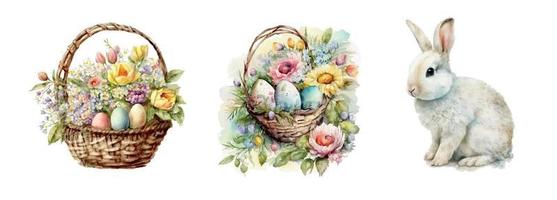 glücklich Ostern einstellen Vektor süß klassisch Abbildungen von Ostern Eier im ein Korb von Blumen, Küken, Hase Gruß Text zum ein Gruß Karte, Poster oder Hintergrund