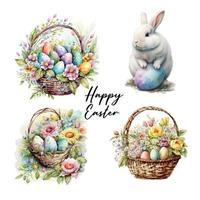 glücklich Ostern einstellen Vektor süß klassisch Abbildungen von Ostern Eier im ein Korb von Blumen, Küken, Hase Gruß Text zum ein Gruß Karte, Poster oder Hintergrund
