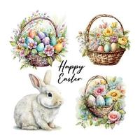 glücklich Ostern einstellen Vektor süß klassisch Abbildungen von Ostern Eier im ein Korb von Blumen, Küken, Hase Gruß Text zum ein Gruß Karte, Poster oder Hintergrund