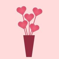 rosa hjärtan på en pinne i en vas. vektor illustration