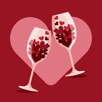 två vin glasögon med hjärtan. många liten röd hjärtan i två vin glasögon. valentines dag begrepp. vektor illustration
