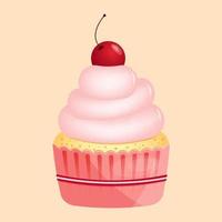 Cupcake mit ein Kirsche auf im eben Stil isoliert auf Rosa Hintergrund. Liebe, Valentinsgrüße Tag Konzept. Vektor Illustration