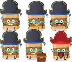 tecknad serie karaktär av hamburgare med olika pirater uttryckssymboler vektor