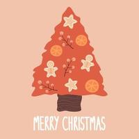 süß Karikatur Hand gezeichnet fröhlich Weihnachten Vektor Karte mit rot Weihnachten Baum
