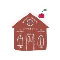 süß Hand gezeichnet Lebkuchen Haus, Karikatur eben Vektor Illustration isoliert auf Weiß Hintergrund. traditionell Weihnachten Dessert Plätzchen. dekoriert Lebkuchen Haus mit Kirsche auf das Dach.