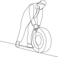 kontinuierlich eine Linie Zeichnung Mann Tragen und Reinigung Auto Reifen. Auto Bedienung Konzept. Single Linie Zeichnung Design Grafik Vektor Illustration