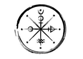 de hjul av fotune tarot symbol, över hela världen gammal tecken, de cykel av liv, hand teckning borsta stroke stil magisk häxa svart tatuering ikon av helig geometri isolerat på vit bakgrund vektor