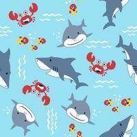 Vektor nahtlos Muster von Marine Tiere Karikatur. komisch Hai mit Krabbe und Fisch