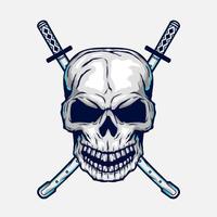 Tod Schädel Kopf Knochen Linie Kunst Porträt Logo bunt Design mit doppelt Katana Schwert Hintergrund. isoliert schwarz Hintergrund zum T-Shirt vektor