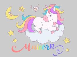 süß Regenbogen Einhorn Schlafen auf Wolken mit Regenbogen. Vektor Design Illustration.