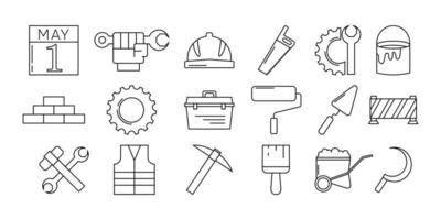 internationell arbetskraft dag och industri verktyg ikon uppsättning. vektor platt linjär design.
