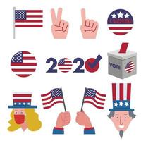 einstellen von Grafik Elemente und Illustration zum das 2020 amerikanisch Präsidentschaftswahl Wahl. bestehen von Hand halten amerikanisch Flagge, Hand zeigen Nummer 1 und 2, Menschen verwenden Maske, Abstimmung Kasten, usw. vektor