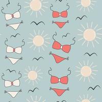 süß Karikatur abstrakt rot und Weiß Bikini nahtlos Vektor Muster Hintergrund Illustration mit Sonne und Vögel Silhouette