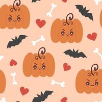 süß schön Herbst Jahreszeit nahtlos Vektor Muster Hintergrund Illustration mit Karikatur Charakter Orange Baby Kürbisse, Fledermäuse, Knochen und rot Herzen